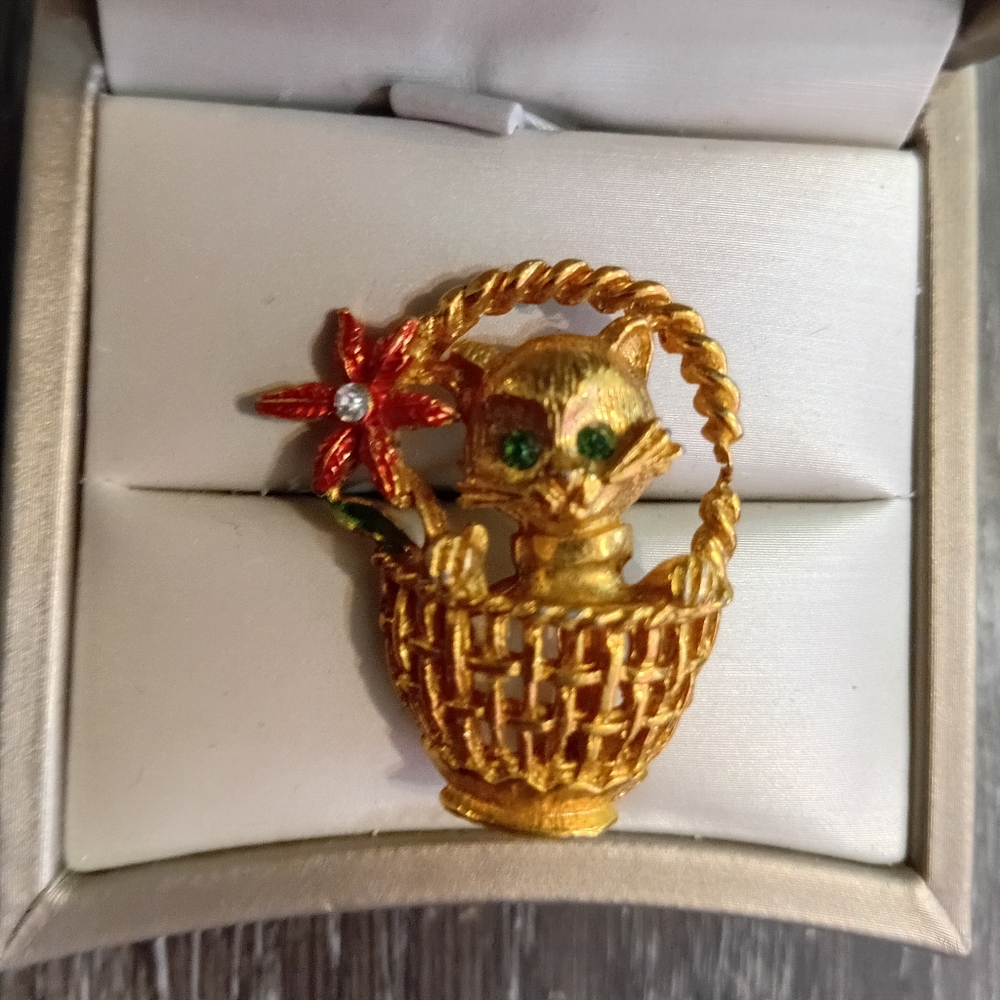 Gold Cat Basket Brooch with Red Flower